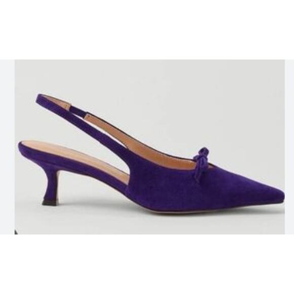 NWOB Ann Taylor Mini Bow Slingback Pointy Toe Purple Suede Kitten Heel Pumps 7.5 - Picture 1 of 5